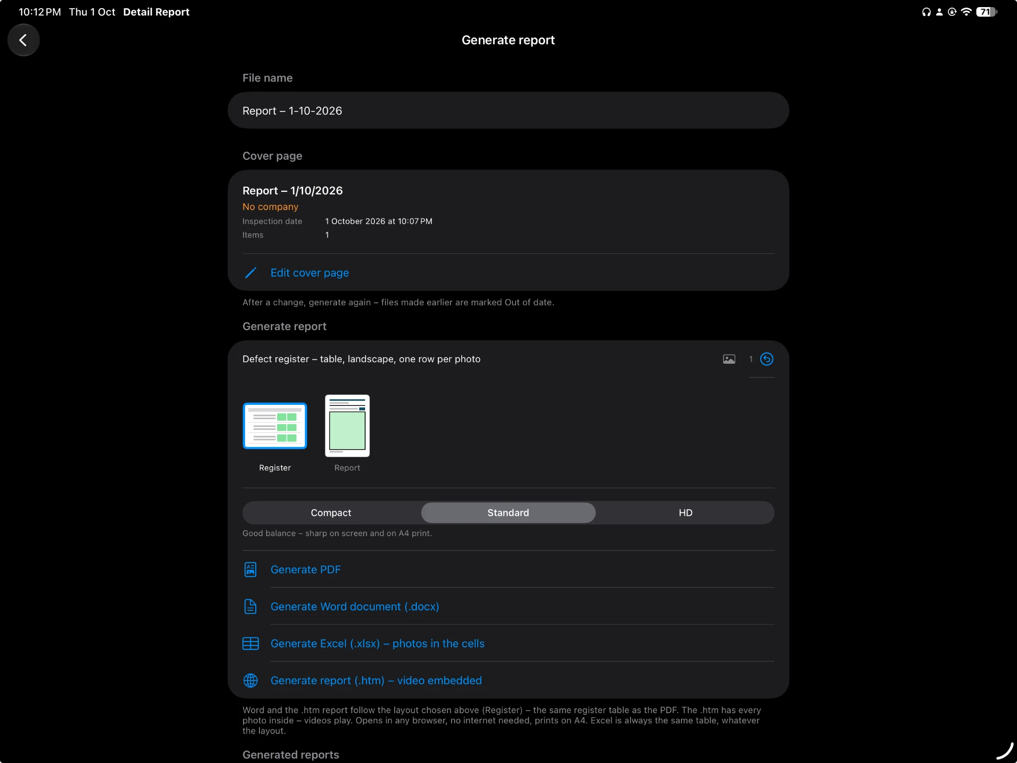 Detail Report on iPad. Generate a PDF, Word (.docx), Excel with photos in the cells, or a web page (.htm).