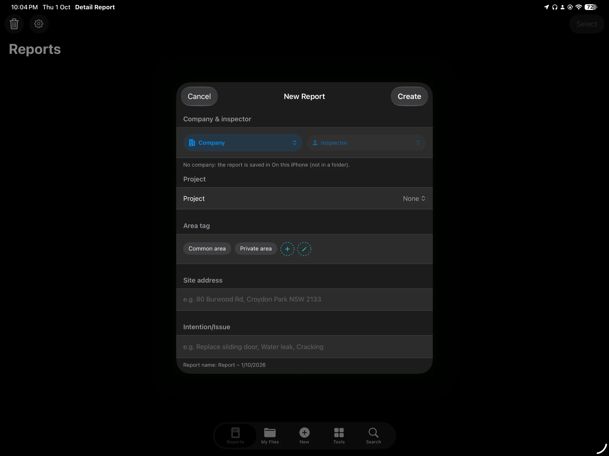 Detail Report on iPad. Start a report with the company, inspector, project and area.