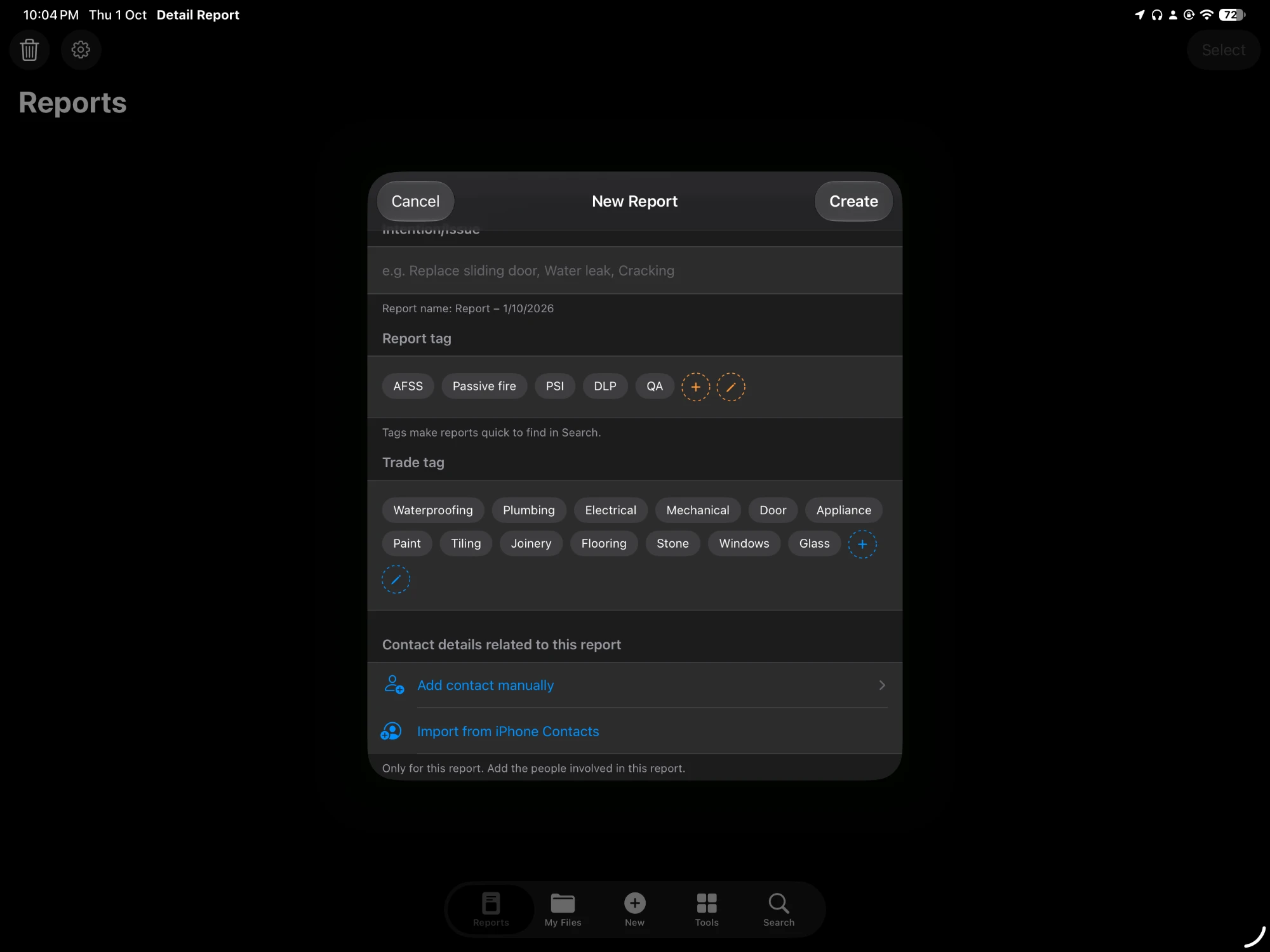 Detail Report on iPad. Report and trade tags, and the people involved.
