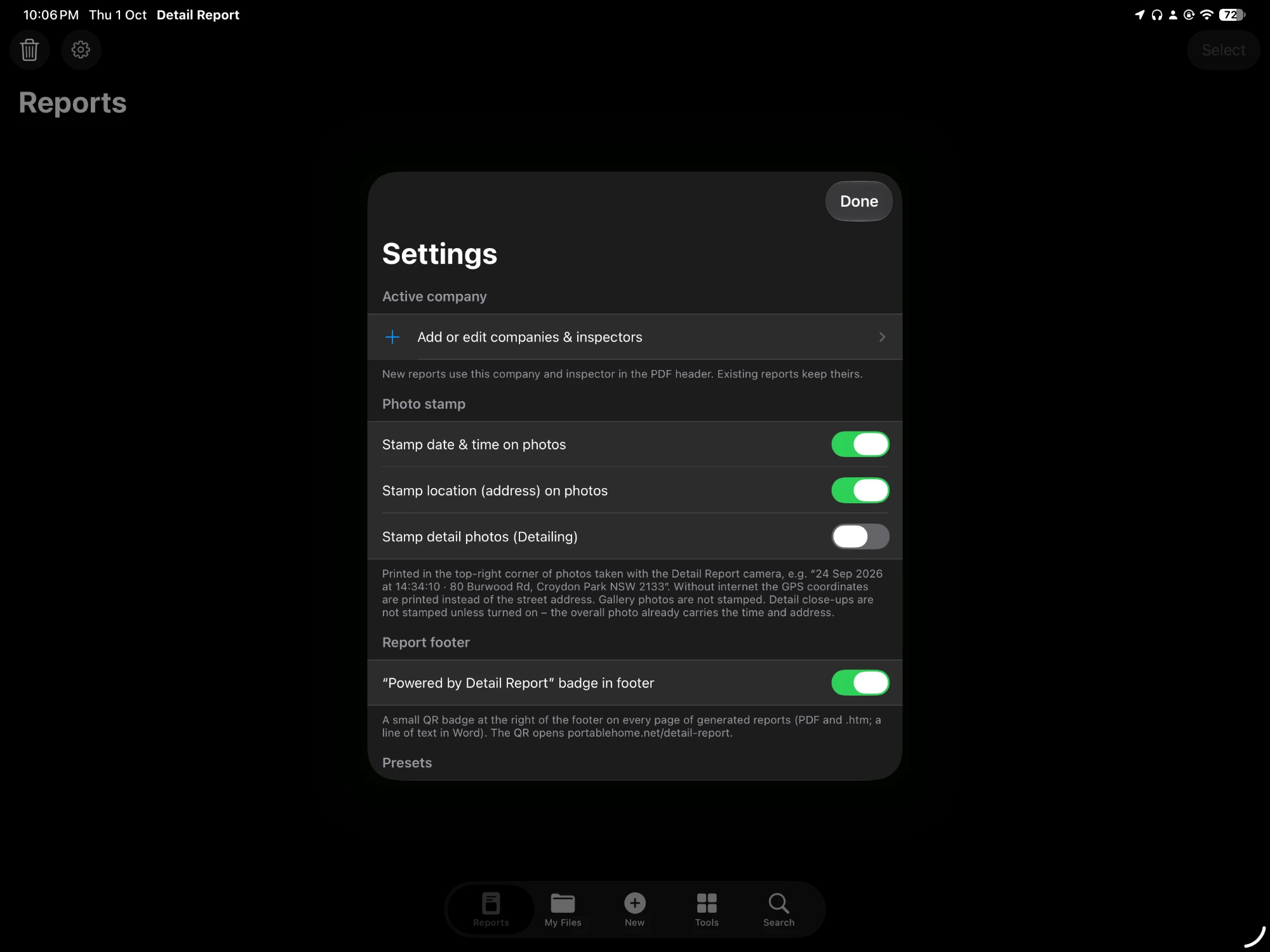 Detail Report on iPad. Date, time and address stamped on photos.