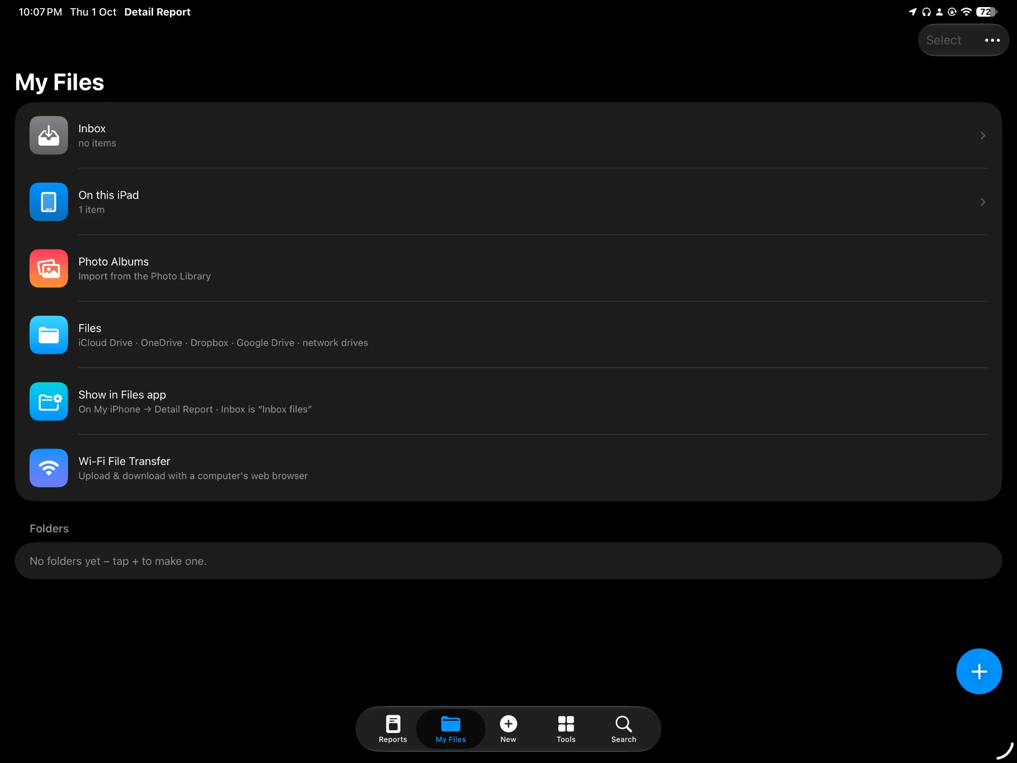 Detail Report on iPad. My Files: Inbox, photo albums, cloud drives and Wi-Fi File Transfer.